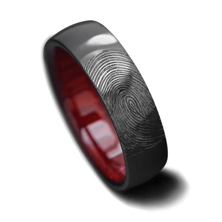 Black titanium wedding band with bloodwood inner sleeve, 7mm mens domed polished ring, unique mens wedding band, free engraving, displayed on a white background.
