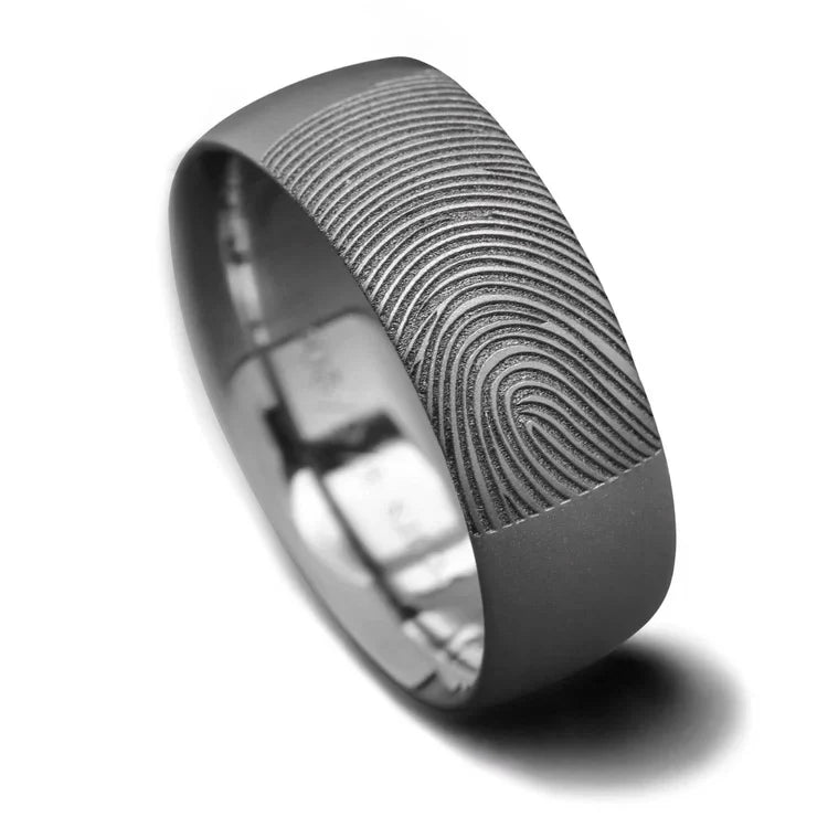 Mens 8mm Titanium Wedding Band with Sandblasted Finish, Domed Profile, Customizable with Free Engraving, on White Background