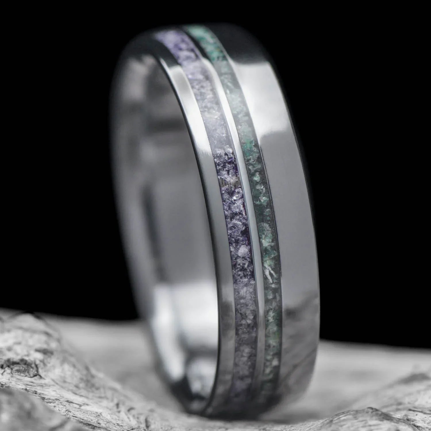 Black Titanium Wedding Band with Amethyst and Moss Agate Inlays on White Sea Branch, 6mm Mens Domed Polished Ring, Unique Wedding Band with Free Engraving.