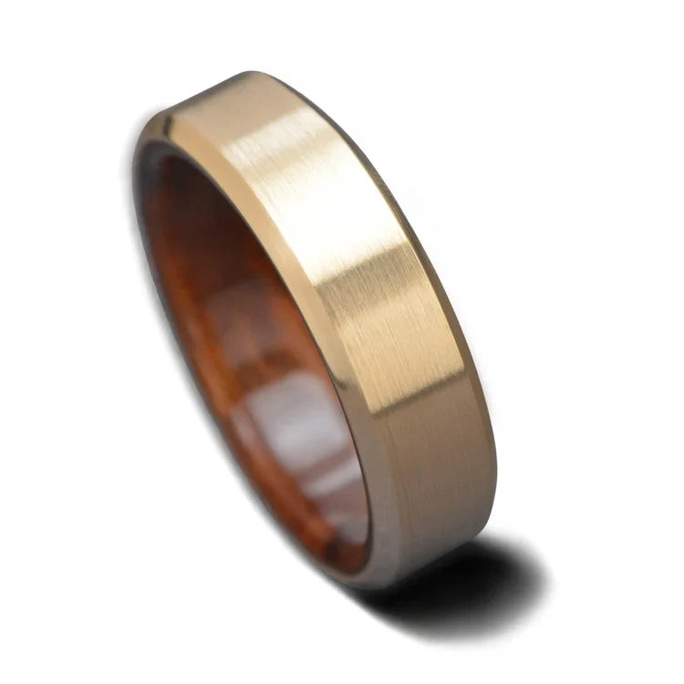 14K Yellow Gold Mens Wedding Band with Teak Inner Sleeve, 6mm Brushed Bevel Profile, Customizable with Free Engraving, Elegant and Durable Design, Perfect for Grooms, High-Quality Craftsmanship