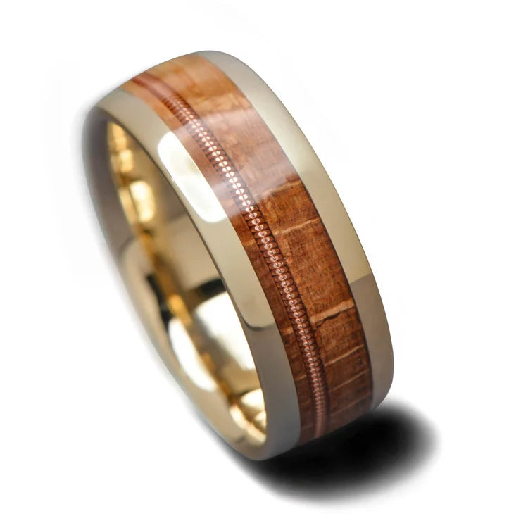 10KY gold mens wedding band with guitar string and whiskey barrel oak inlay, 8mm unique ring, free engraving, displayed on a white background
