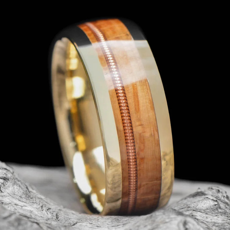 10KY Gold Wedding Band with Guitar String and Whiskey Barrel Oak Inlay on White Sea Branch - 8mm Unique Mens Wedding Ring with Free Engraving