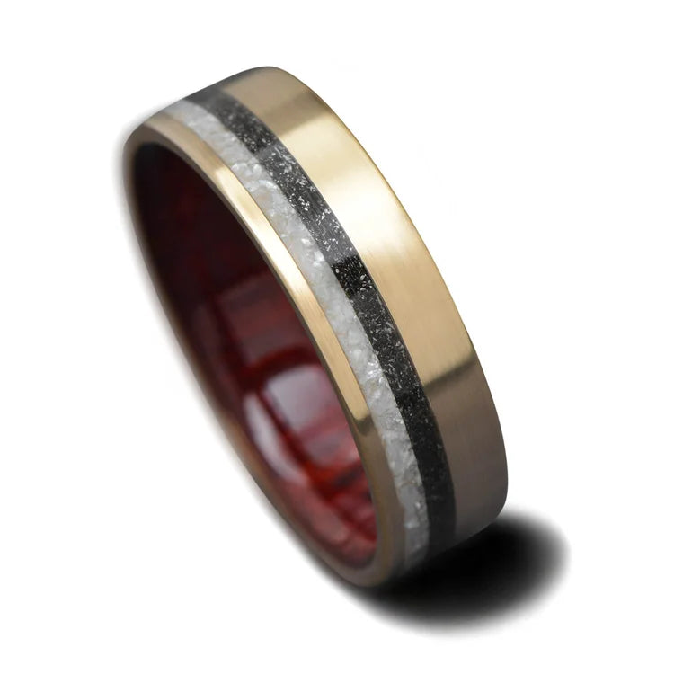 14K yellow gold mens wedding band with pearl and meteorite inlays, bloodwood inner sleeve, 7mm width, unique design, free engraving available, displayed on white background