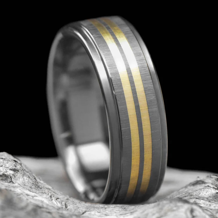 Black Titanium Wedding Band with Dual 18KY Inlays on white sea branch, featuring brushed step profile, 7mm width, mens custom wedding ring with free engraving option.