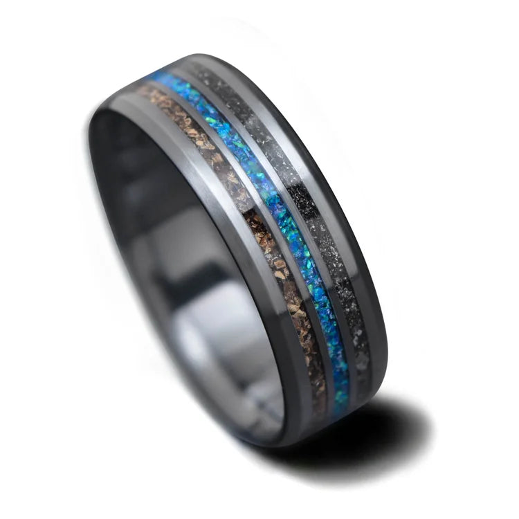 Black titanium ring with meteorite, crushed T-Rex bone, and blue opal central inlay, 7mm mens wedding band, unique design, free engraving available.