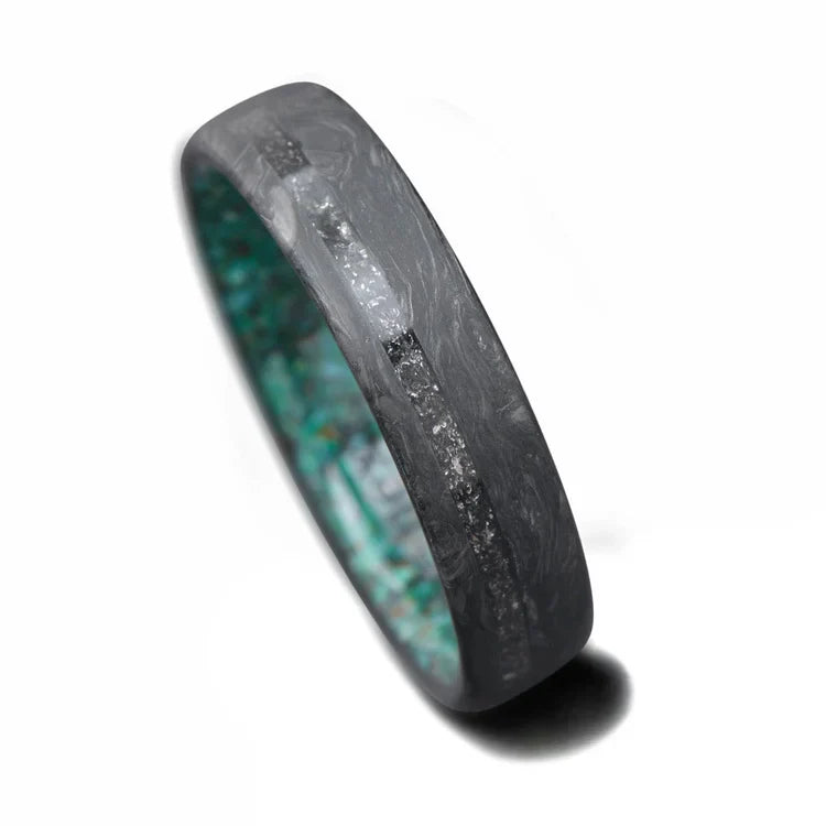 Mens 6mm forged wedding band with meteorite and turquoise inlay, unique brushed flat profile, free engraving, displayed on a white background.
