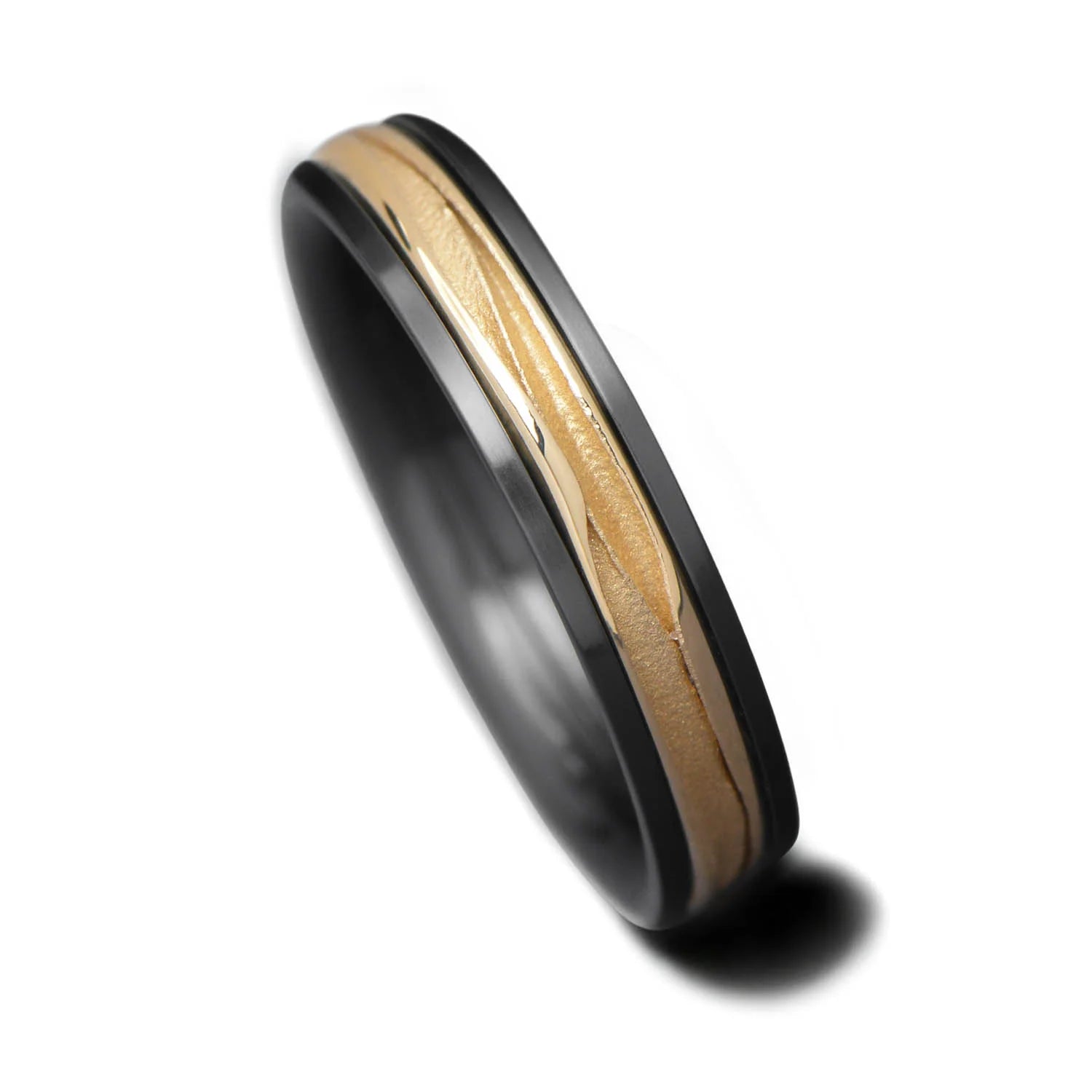  Black Titanium Ring with 18KY Wave Central Inlay on White Sea Branch - Men's 4mm Polished Domed Profile Wedding Band with Free Engraving
