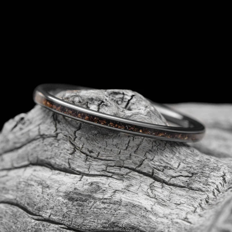 Black Titanium Wedding Band with Crushed T-Rex Inlay on White Sea Branch, 2mm Womens Custom Ring, Unique Wedding Band with Free Engraving, Elegant and Modern Design