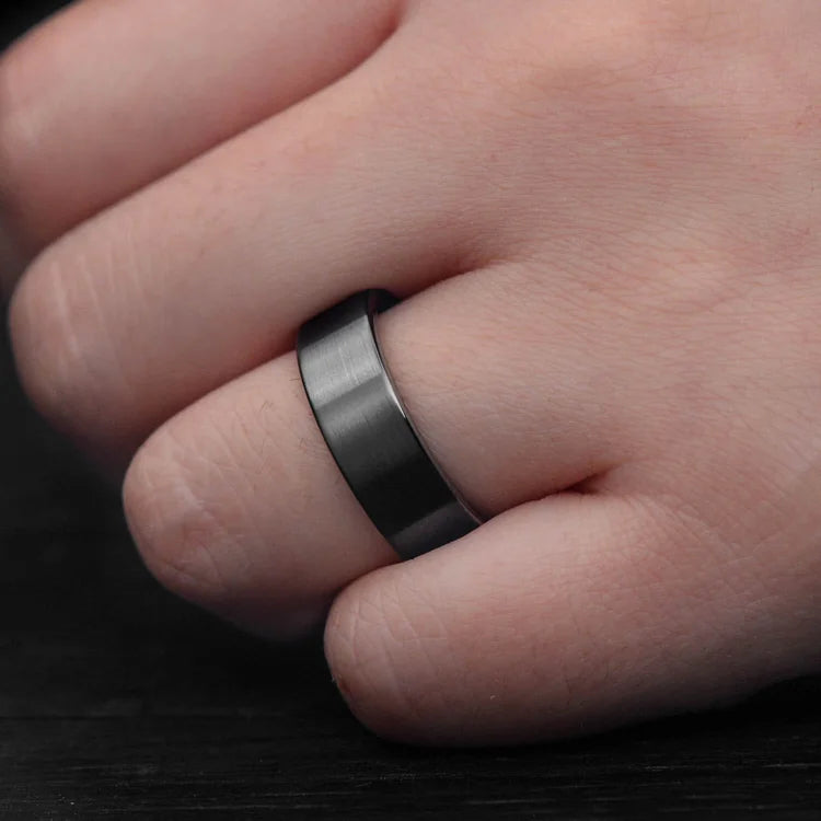 Mens Black Titanium Wedding Band with Koa Wood Inner Sleeve, 7mm Matte Flat Profile, Unique Design, Free Engraving, Hand Wearing Ring, Mens Wedding Band.