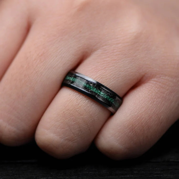Black Titanium Wedding Band with Dual Meteorite and Central Malachite Inlays on a Hand, 6mm Mens Wedding Ring, Unique Mens Band, Free Engraving Available