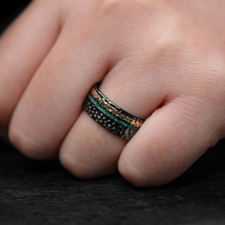 Black Titanium Wedding Band with 18K Yellow Gold and Malachite Inlays on Hand, 8mm Mens Hammered Flat Profile Ring, Unique Design, Free Engraving Available