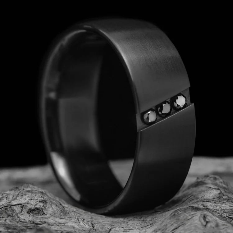 Black Titanium Wedding Band with Flush Set Diamond for Men, 9mm Brushed Flat Profile, Unique Mens Ring on White Sea Branch, Free Engraving Available