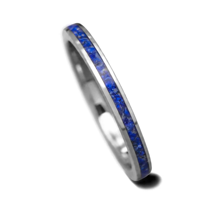 14KW womens wedding band with central lapis lazuli inlay, brushed flat profile, 2mm width, custom lapis ring on a white background, free engraving available.