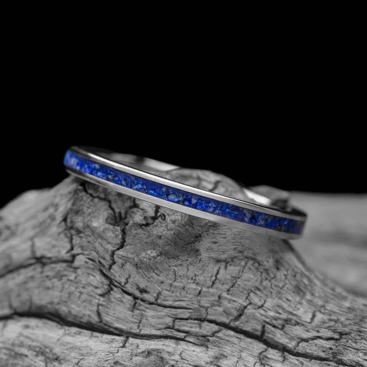 14K white gold womens wedding band with central lapis lazuli inlay, 2mm brushed flat profile, custom ring on white sea branch, free engraving available