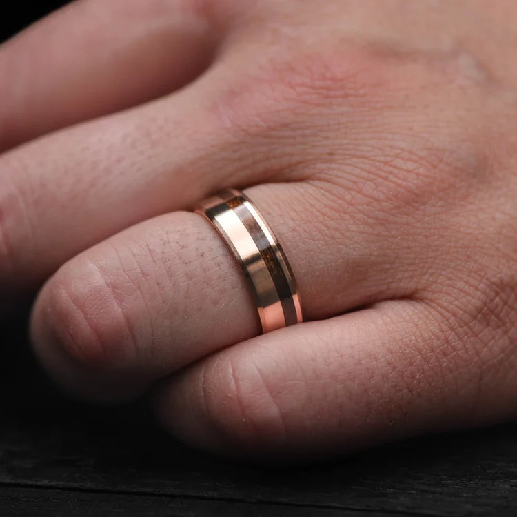 18K rose gold mens wedding band with teak wood inlay, brushed bevel profile, 7mm width, unique design, free engraving, worn on a hand.