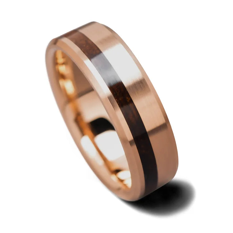 18K Rose Gold Wedding Band with Teak Wood Inlay, Brushed Bevel Profile, 7mm Mens Ring, Unique Design, Free Engraving Available, Elegant Mens Wedding Ring on White Background