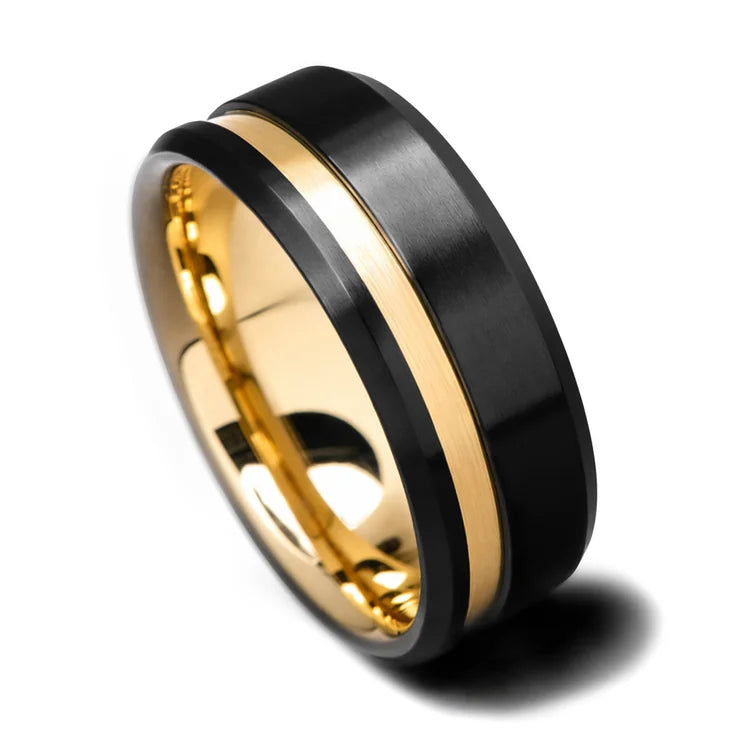 Black Titanium Wedding Band with 14K Yellow Gold Inlay and Brushed Bevel Profile, 8mm Mens Ring, Customizable with Free Engraving, Displayed on White Background