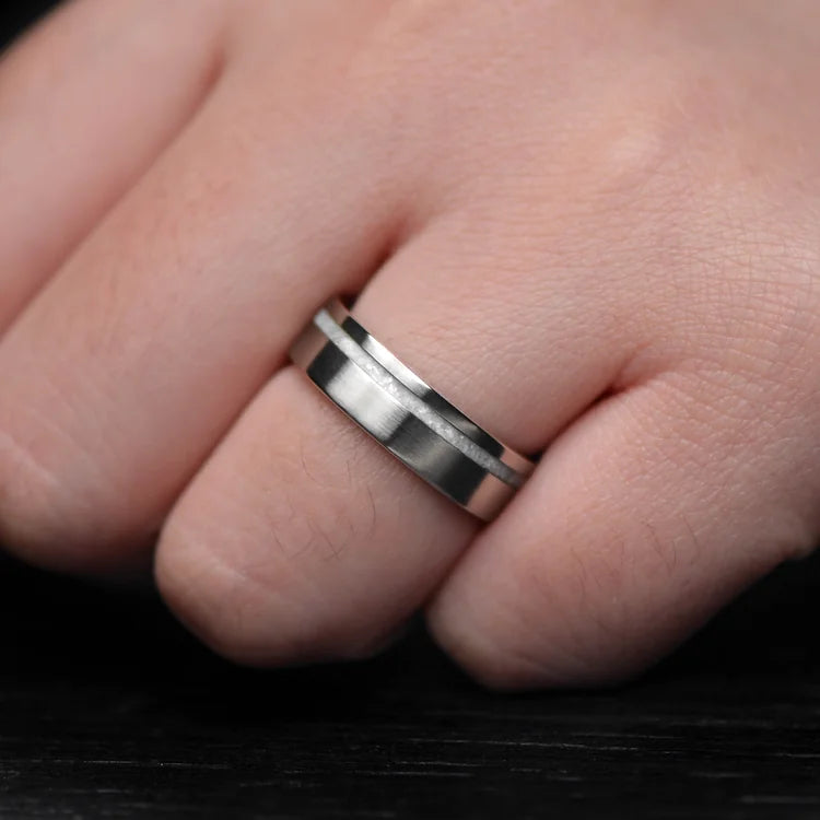14KW mens wedding band with pearl inlay and brushed flat profile on hand, 6mm unique pearl mens wedding ring with free engraving.