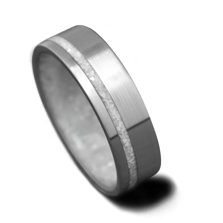 14KW mens wedding band with pearl inlay and brushed flat profile, 6mm width, unique design, free engraving, on a white background
