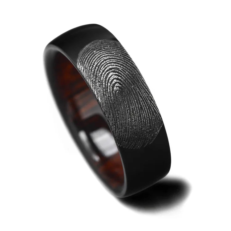 Black Titanium Wedding Band with Brushed Finish and Koa Wood Inner Sleeve, 7mm Mens Ring, Unique Design, Free Engraving Option, White Background