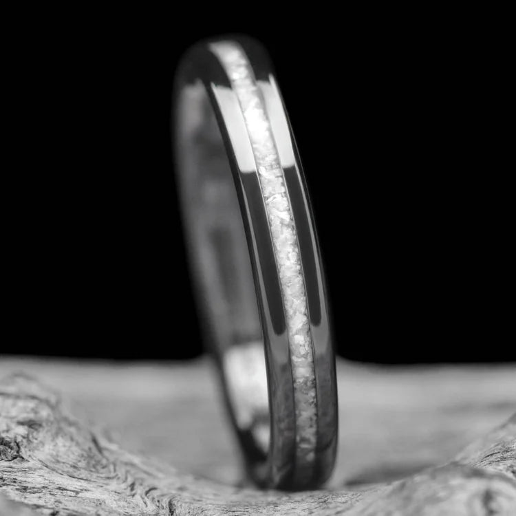 Black Titanium Wedding Band with Central Pearl Inlay on White Sea Branch, 3mm Womens Wedding Ring, Polished Flat Profile, Custom Bridal Jewelry, Free Engraving Available
