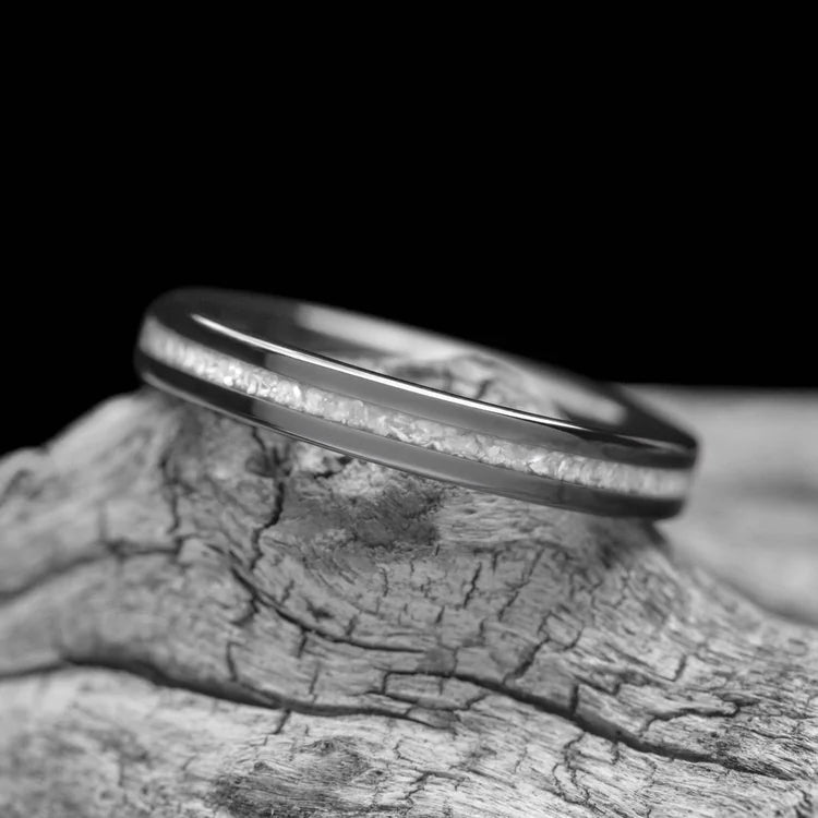 Black Titanium Wedding Band with Central Pearl Inlay on White Sea Branch, 3mm Womens Wedding Ring, Polished Flat Profile, Custom Bridal Jewelry, Free Engraving Available
