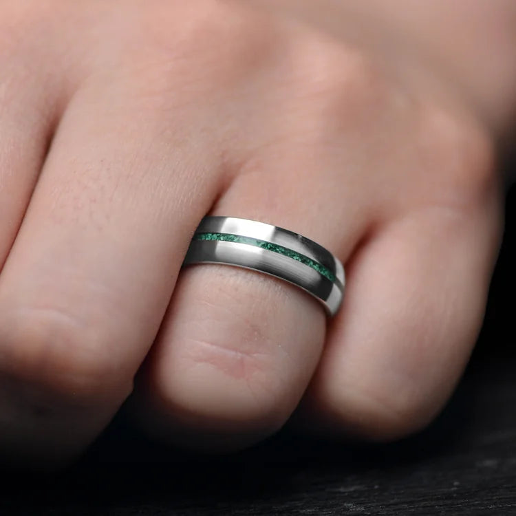 14KW mens wedding band with central malachite inlay, brushed domed custom design, 6mm width, shown on a hand, free engraving available