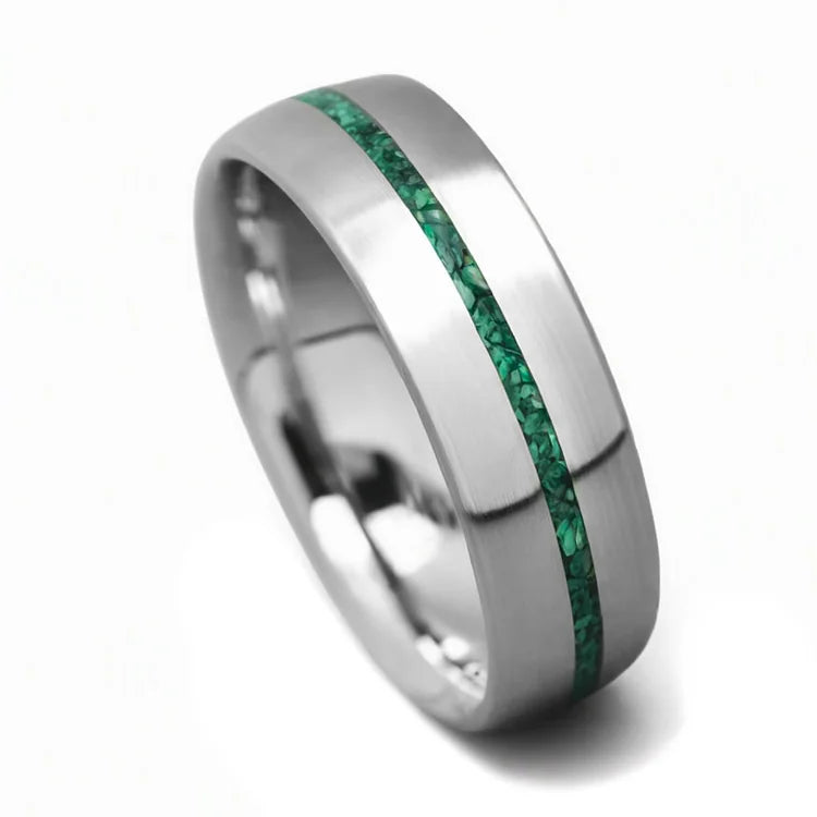 14k white gold mens wedding band with central malachite inlay, brushed domed design, 6mm width, features free engraving, displayed on a white background.