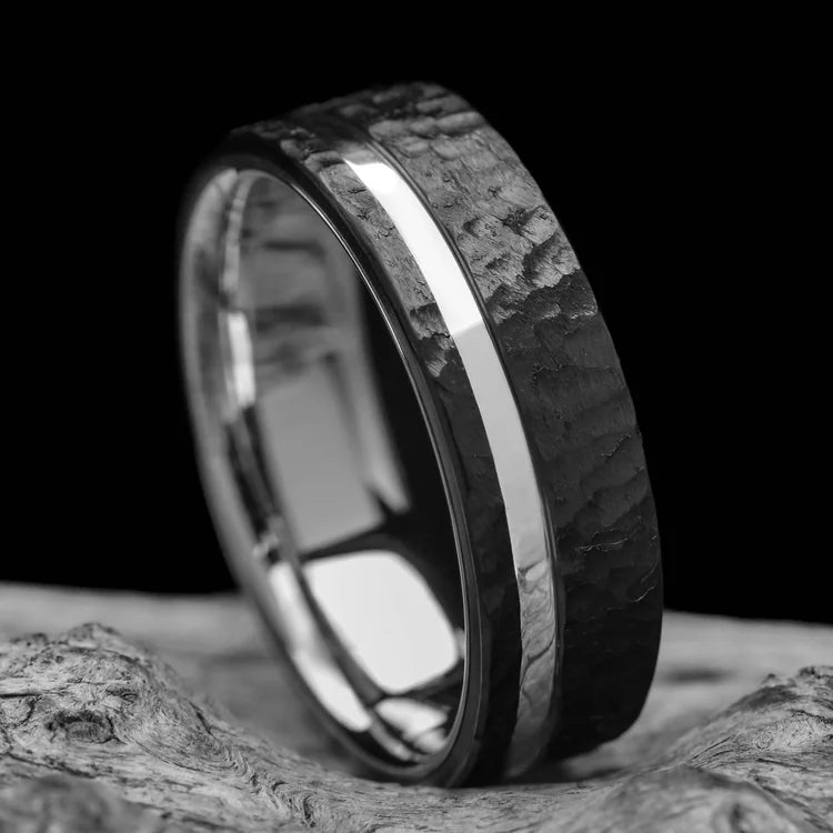 Black titanium wedding band with 14K white gold inlay and faceted finish on white sea branch, 7mm unique mens ring, free engraving available.