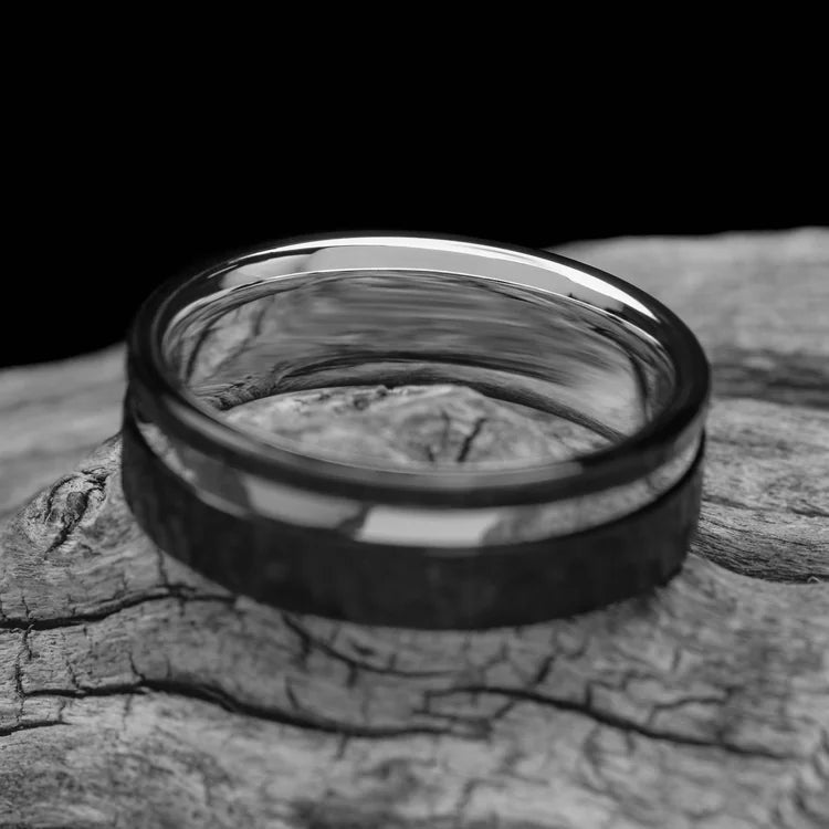 Black Titanium Wedding Band with 14K White Gold Inlay and Faceted Finish on White Sea Branch, 7mm Unique Mens Wedding Ring with Free Engraving