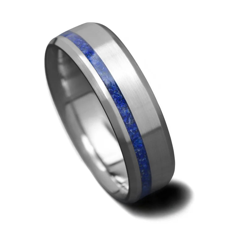 Titanium wedding band with lapis lazuli inlay, 7mm mens ring with brushed bevel profile, unique design, free engraving available, displayed on white background.