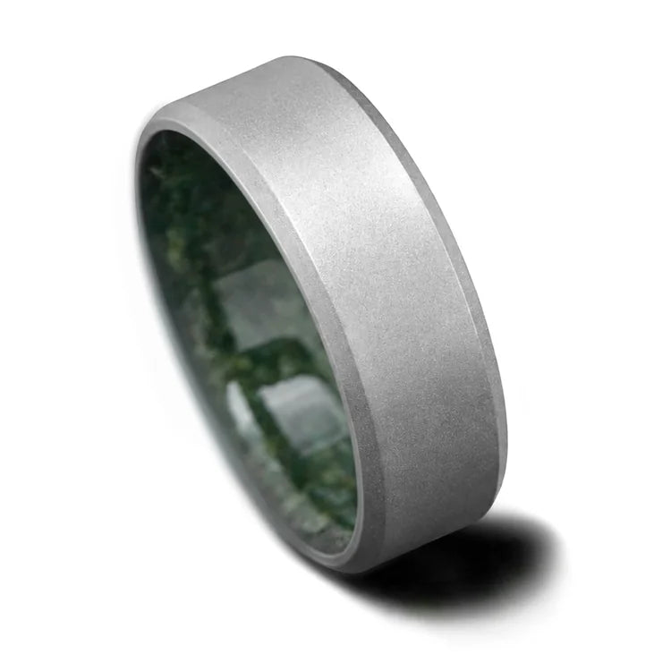 Titanium wedding band with moss agate inner sleeve, sandblasted bevel profile, 8mm mens ring on white background, unique design, free engraving available.