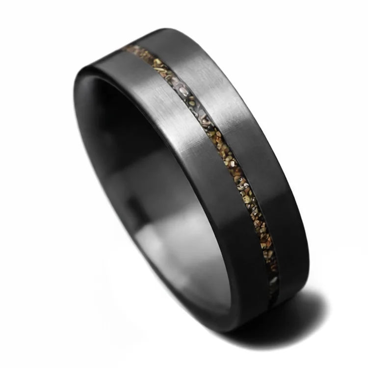 Mens 7mm Zirconium Wedding Ring with Central Crushed T-Rex Inlay, Brushed Flat Profile, Unique Design, Free Engraving Available, on White Background