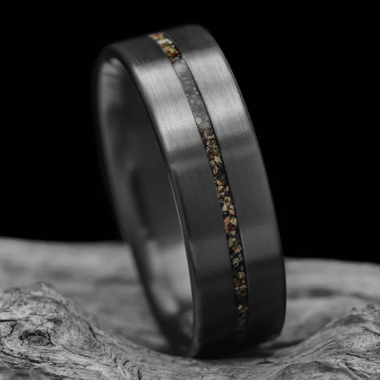 Zirconium ring with central crushed T-Rex inlay on white sea branch, 7mm mens wedding band, unique brushed flat profile design with free engraving.