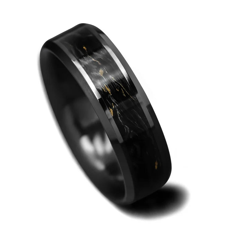 Black titanium mens wedding band with gilded forged inlay, 7mm width, featuring a polished bevel profile, available with free engraving, displayed on a white background.