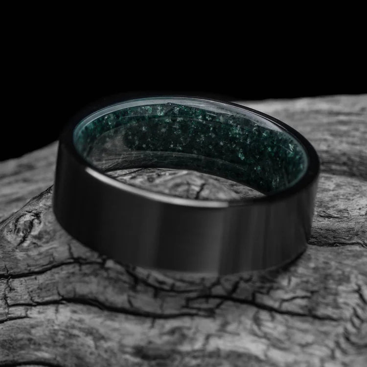 Black Titanium Wedding Band with Brushed Finish and Moss Agate Inner Sleeve, 8mm Mens Ring on White Sea Branch, Unique Mens Wedding Ring with Free Engraving