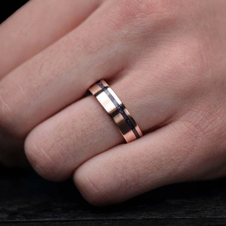 14K rose gold mens wedding band with amethyst inlay, 6mm width, custom design, unique wedding ring on hand, free engraving available
