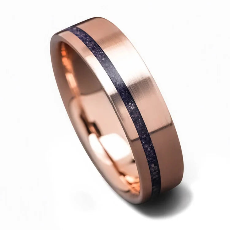 14K rose gold mens wedding band with 6mm width, featuring a unique amethyst inlay, available with free engraving, displayed on a white background.
