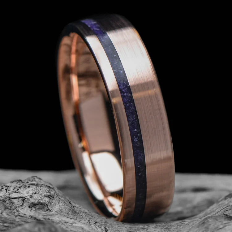 14K Rose Gold Mens Wedding Band with Amethyst Inlay, 6mm, Customizable with Free Engraving, Unique Design on White Sea Branch Background