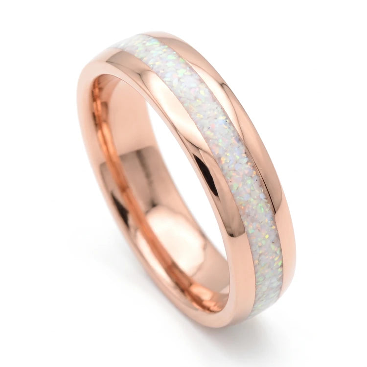 Polished 10K rose gold men’s wedding band with central pearl opal inlay, 6mm domed ring on white background