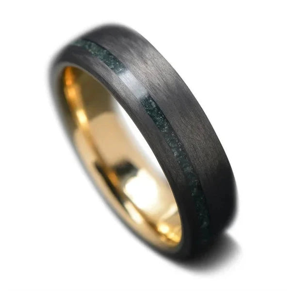 Unidirectional Wedding Band with Moss Agate and 14KY Inner Sleeve, Men's 6mm Polished Flat Profile Wedding Ring, Free Engraving, on White Background