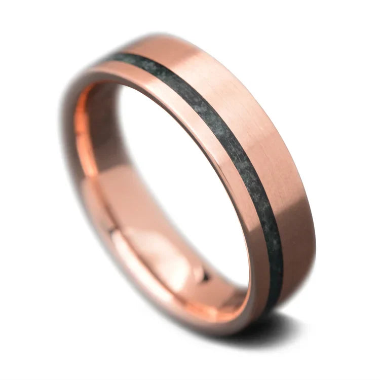 14K Rose Gold Men's Wedding Band with Moss Agate Inlay, 6mm, Brushed Flat Profile, Customizable with Free Engraving