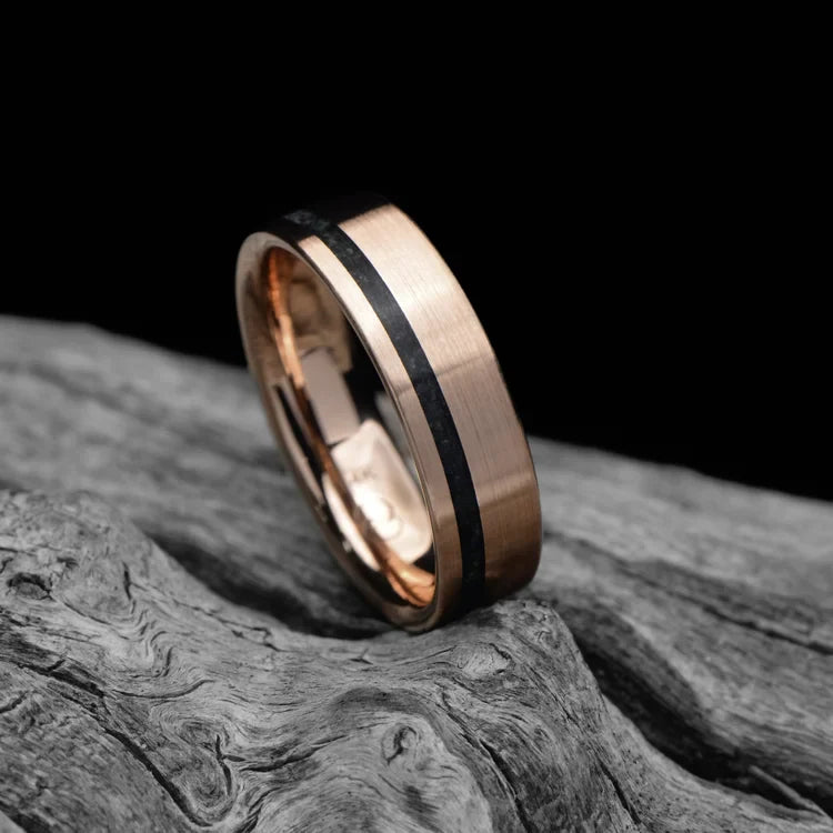 14K Rose Gold Men's Wedding Band with Moss Agate Inlay, Brushed Flat Profile, 6mm, Customizable with Free Engraving, displayed on white sea branch