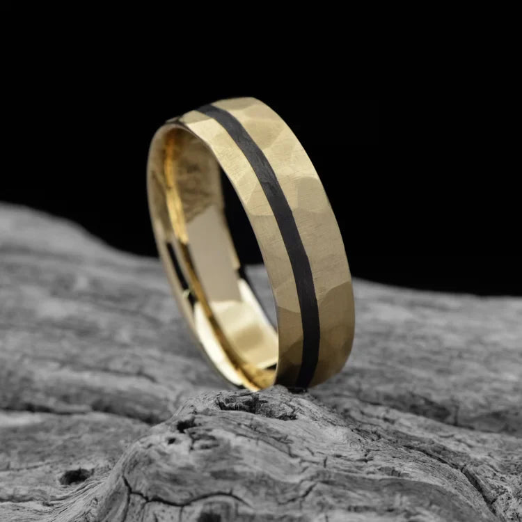 18KY Gold Wedding Band with Unidirectional Inlay on White Sea Branch - 7mm Faceted Domed Men's Ring with Free Engraving - Custom Men's Wedding Band