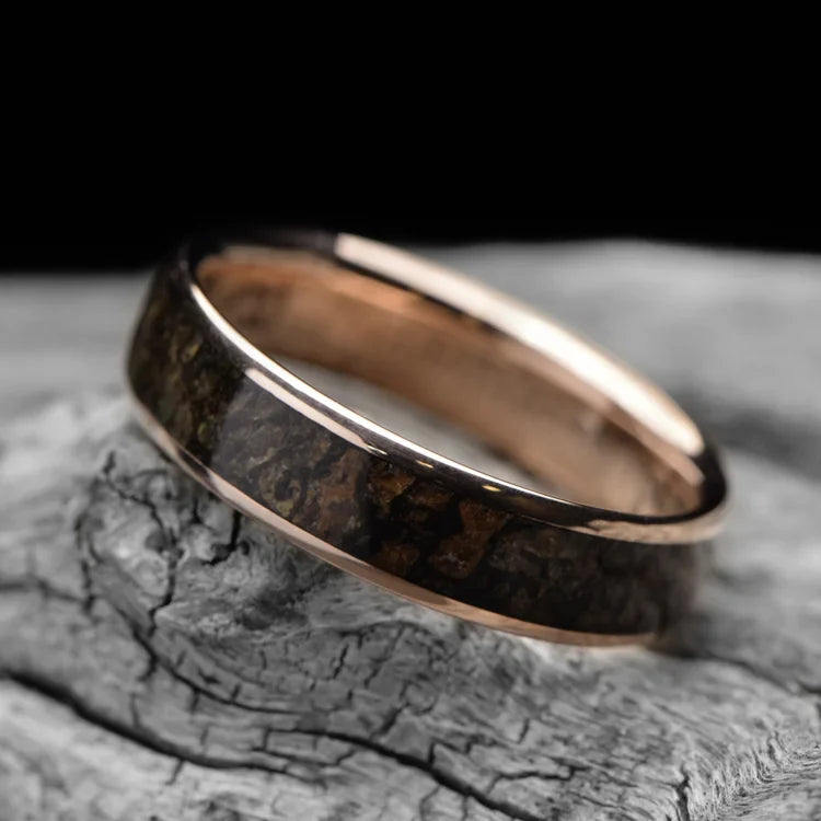 10KR wedding band with central dinobone inlay on white sea branch, 6mm men's polished domed profile unique wedding ring, free engraving