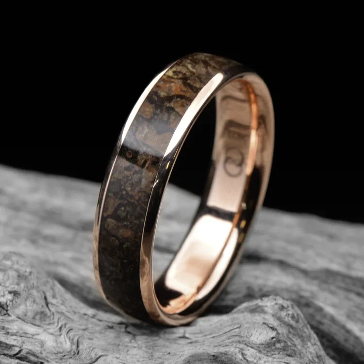 10KR Wedding Band with Central Dinobone Inlay on White Sea Branch | FREE ENGRAVING | 6mm Men's Polished Domed Profile Unique Wedding Ring