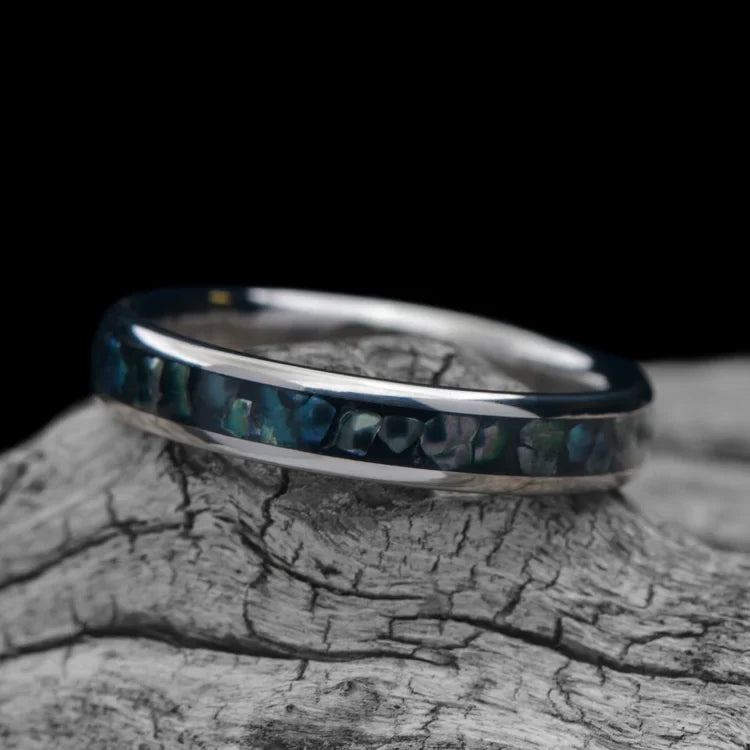 Titanium Wedding Band with Black Pearl Central Inlay on White Sea Branch - 4mm Polished Domed Custom Ring with Free Engraving - Unique Wedding Band