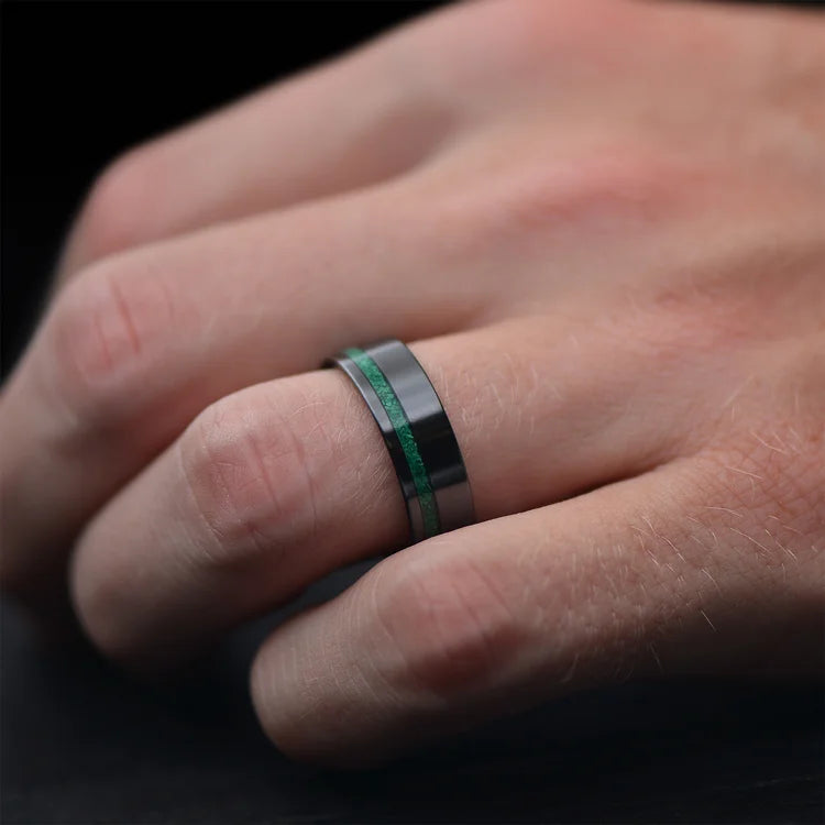 Men's Zirconium Wedding Band with Malachite Inlay, 7mm, Brushed Flat Profile, Unique Design, Free Engraving, Hand Wearing Ring, Elegant Men's Wedding Ring