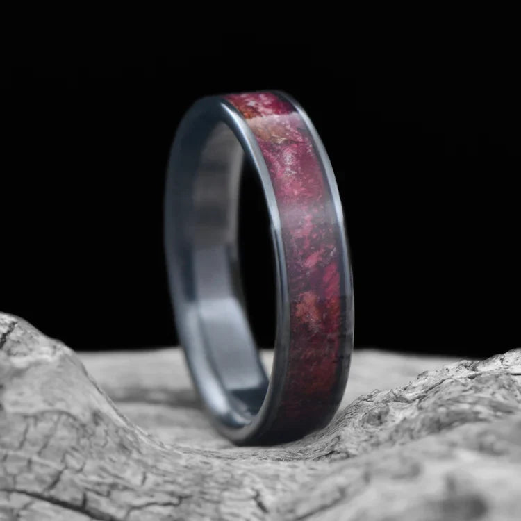 Zirconium ring with central rose petals inlay on white sea branch, 5mm custom wedding band, unique simple design, free engraving available.