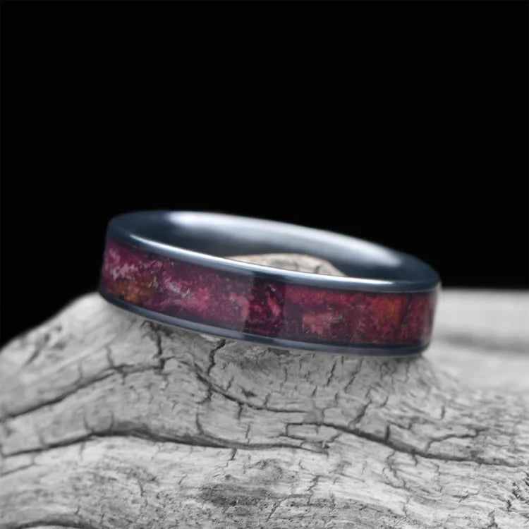 Zirconium ring with central rose petals inlay on white sea branch, 5mm custom wedding band, unique simple design, free engraving option.